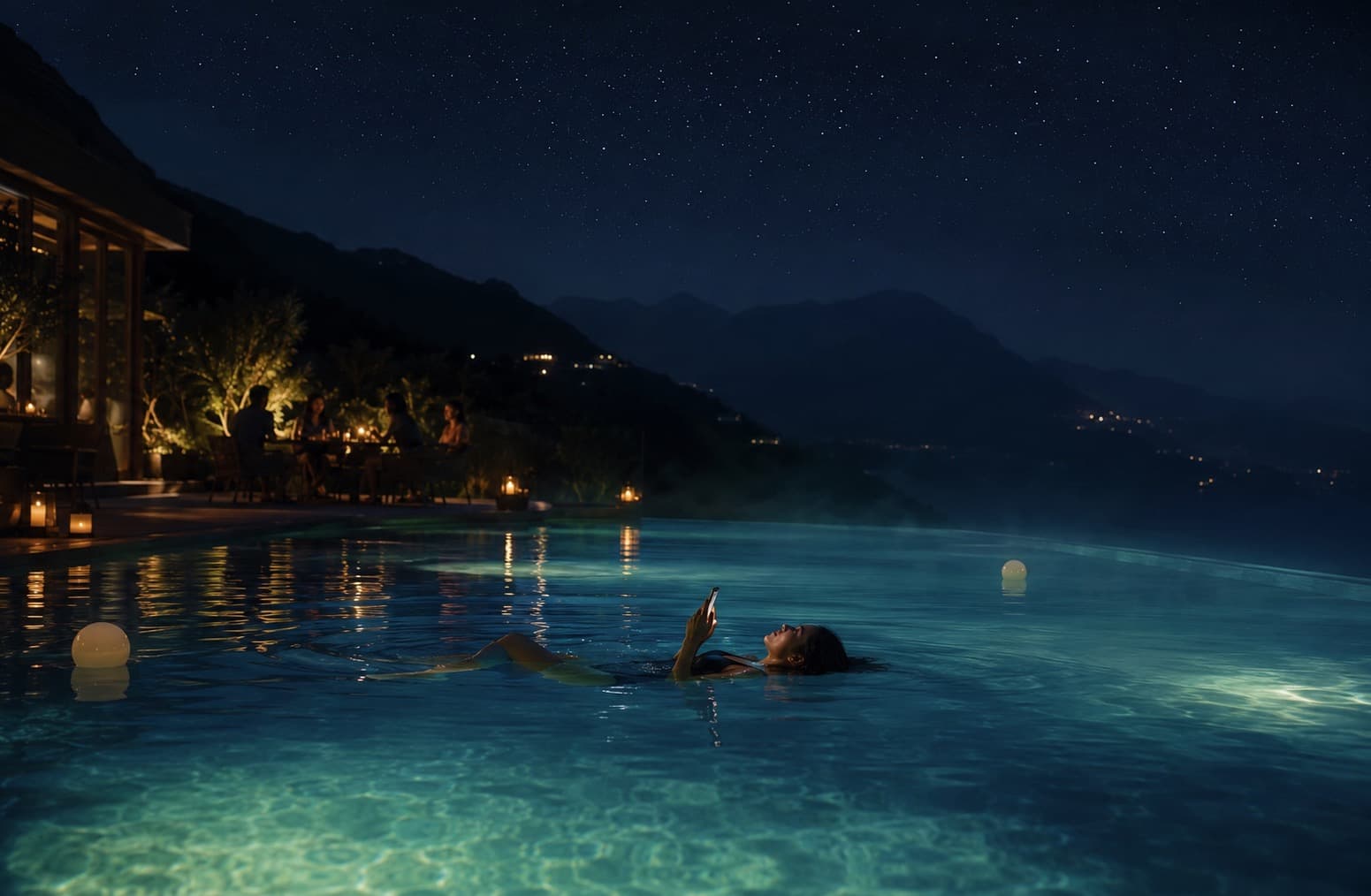 A guest floating in a pool at night, phone in hand, fully switched off